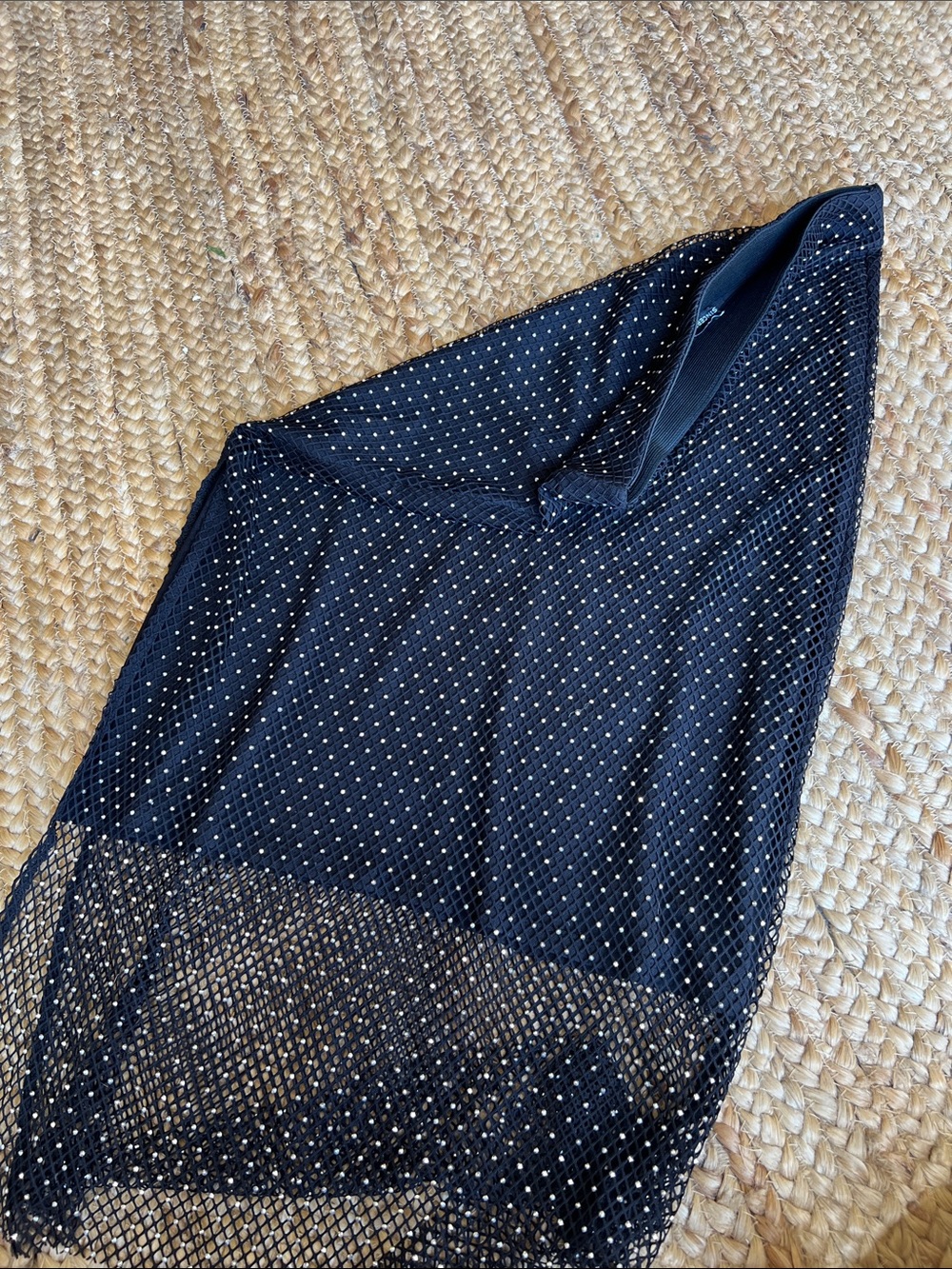 Black Rhinestone Mesh Midi Pencil Skirt - Picture 5 of 7